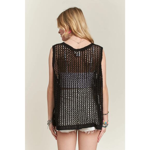ADORA Lightweight Button Down Front Pockets Crochet Detail Vest Cardigan | Black - Picture 3 of 6